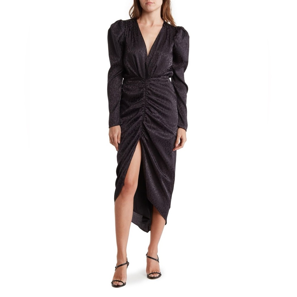 Torn by Ronny Kobo Dress Women’s Black Leopard Midi Satin Jacquard Ruched EUC